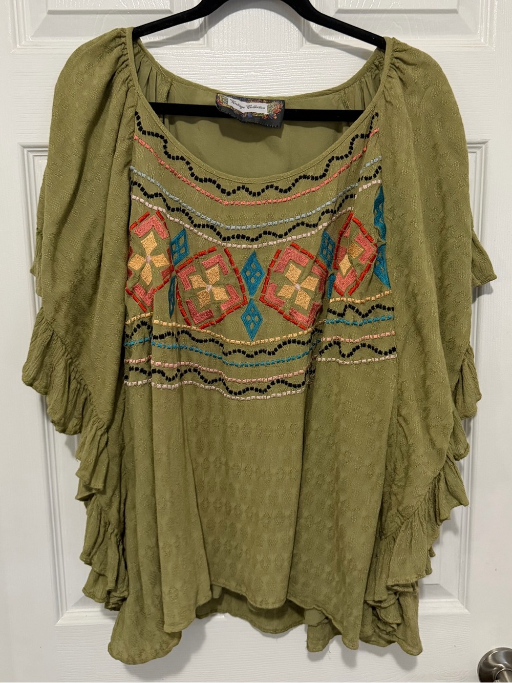 Vintage Collection Green Embroidered Western Boho Blouse